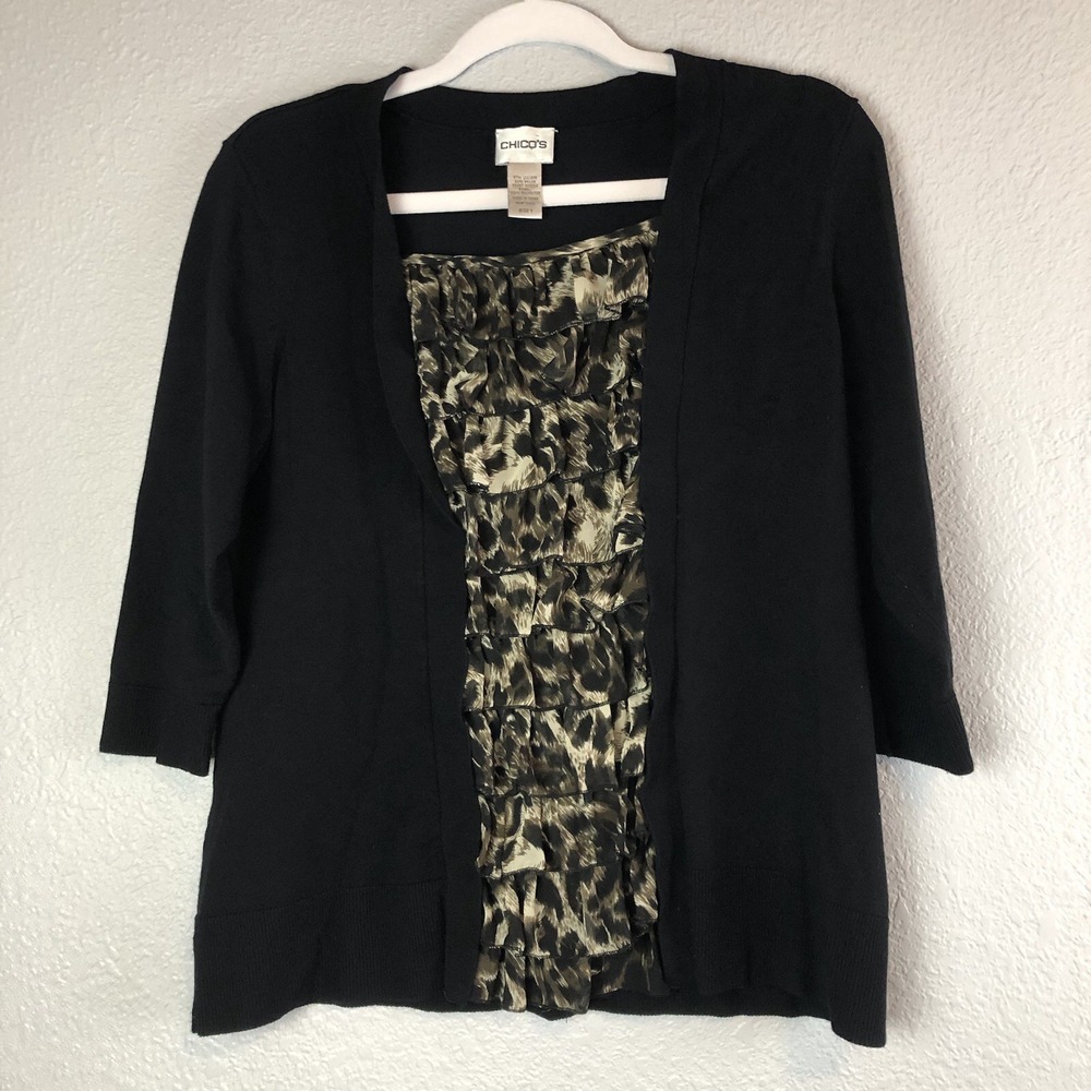 Chicos Womens Blouse Size 1 Animal Print Top‎ Shirt Black Ruffled 3/4 Sleeve